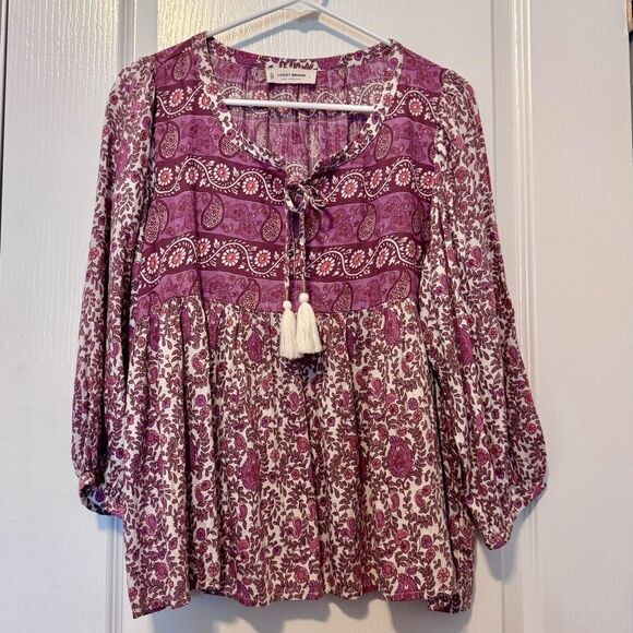 Lucky Brand Pink Multi Print Mix Boho Peasant Style Blouse Women’s Size Large - Picture 2 of 13